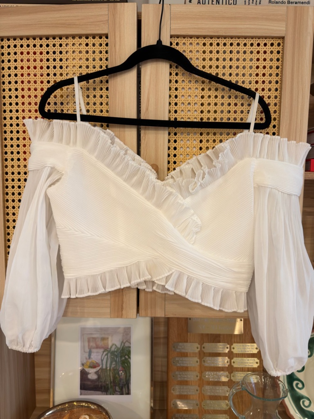 Zimmerman Organza Cold-Shoulder White Ruffle Crop Top